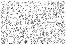 Decorative Doodles. Hand Drawn Pointing Arrow, Outline Shapes And Doodle Frames. Ink Signs Decoration Ornament, Line Curved Arrow, Heart And Circle Sketch Isolated Vector Illustration Symbols Set