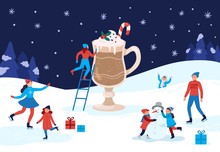 Winter Warming Cocoa Mug. Happy People Winter Activities, Celebrating Christmas And Drink Warm Drinks, Chocolate Beverage With Cinnamon Or 2020 New Year Cafe Postcard Vector Illustration