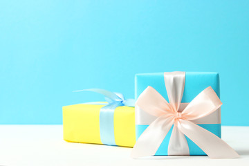 gifts on a colored background. Holiday, giving presents, birthday.