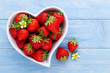 Strawberry heart. Fresh strawberries in plate on white wooden table. Top view, copy space.
