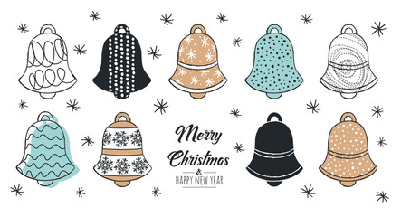 Wall Mural - Set of hand drawn christmas bell. Decoration isolated elements . Doodles and sketches vector illustration