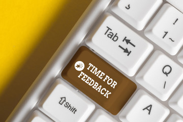 Conceptual hand writing showing Time For Feedback. Concept meaning information about reactions to a product or services White pc keyboard with note paper above the white background