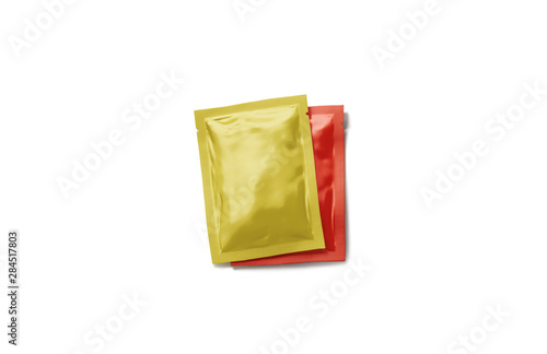 Download Blank Red And Yellow Sachet Packet Stack Mockup Set 3d Rendering Empty Sealed Seasoning Package Mock Up Top View Clear Rectangular Pack With Catsup And Spicy Mustard Pile Template Stock Photo