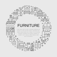 Wall Mural - Furniture sale banner illustration with flat line icons. Living room, bedroom, home office chair, kitchen, sofa, nursery, lamp, sideboard thin linear signs. Circle template interior store poster