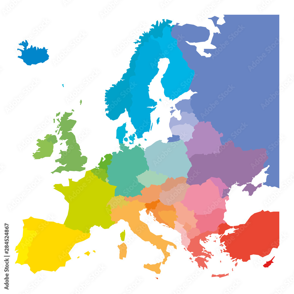 Map of Europe in colors of rainbow spectrum. With European countries names - obrazy, fototapety, plakaty 