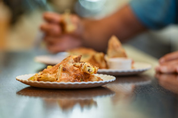 Pastry breakfast cake and dessert. People in a bakery tasting the pastry specialties 