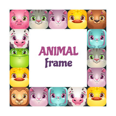 Wall Mural - Funny vector square frame with comic cartoon animal faces.