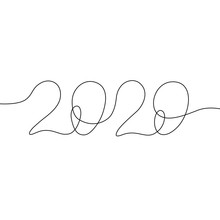  2020 Inscription,  Continuous Line Drawing, Calendar Design Postcard Banner, Calligraphy Year Of The Rat Sign Lettering, Two Thousand And Twenty Single Line On White Background, Vector Lillustration.