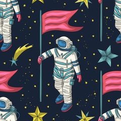 Wall Mural - astronaut vector seamless pattern. cosmos cartoon illustrations. spaceman flying in the other space 