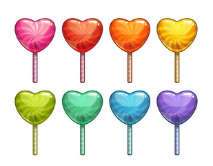 Wall Mural - Cartoon colorful heart shaped lollipops set. Candy icons collection.