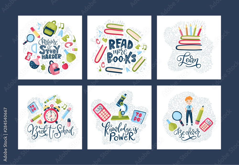 Vector school card set. Back to school poster collection with education ...