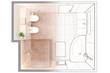 © gamespirit - 3d illustration. Sketch of modern bathroom interior turns into a real interior. Top view.