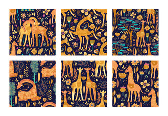 Wall Mural - Seamless patten vector set with cute hand drawn ornate giraffes in scandinavian style. Africa animal background collection. Summer safari fashion flat giraffe illustrations.