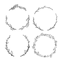 Set Of Cute Detailed Hand Drawn Floral Wreaths Isolated On White