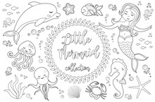Cute Little Mermaid And Underwater World Set Coloring Book Page For Kids. Collection Of Design Element, Outline, Doodle Style. Kids Baby Clip Art Antistress. Vector Illustration