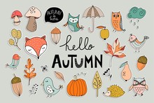 Hand Drawn Stickers Collection With Autumnal Design