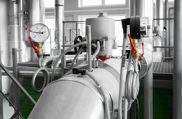 Wall Mural - metering and control system with thermocouples and manometers for a gas boiler installed in modern industrial boiler room