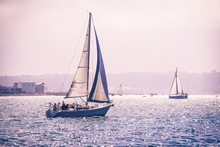 Sailboat Sailing Around San Diego Bay During A Moody Day