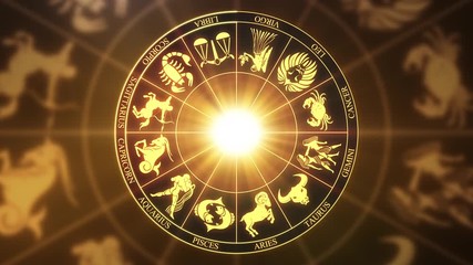 zodiac horoscope signs on a spinning wheel seamless looping motion background version 02 golden brow