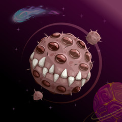 Wall Mural - Cartoon creepy monster planet with spittle mouth and jaws on the dark space background.