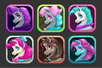 Sticker - Beautiful cartoon pony faces in the frames. App icons for girlie game design.