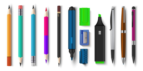 realistic pen and pencils. 3d school and office supplies, brush marker and sharpened pencils. vector