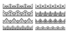 Lace Borders. Seamless Vintage Decorative Ribbons With Ornamental And Floral Elements, Cloth Black Tape Pattern. Vector Isolated Illustration Frill Design Set On White Background