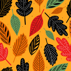 Wall Mural - Autumn leaves seamless pattern for print, textile, fabric. Hand drawn devorative leaves background.