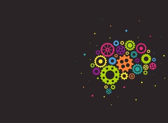 Wall Mural - bright brain made of colorful gears and wheels icon isolated on black background. Combination of pinions.