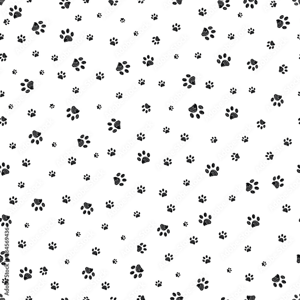 Trace black doodle paw prints seamless pattern background - obrazy, fototapety, plakaty 