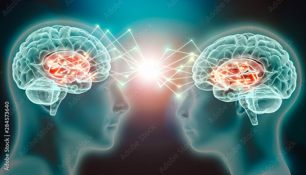 Love emotion or empathy cerebral or brain activity in caudate nucleus. Interaction and connection between two people. Conceptual 3d illustration of interactive neurological stimulation or telepathy. - obrazy, fototapety, plakaty 