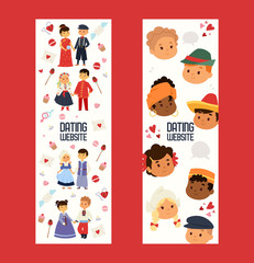 Wall Mural - Dating website with kids set of horizontal banners. Children of different nationalities vector illustration. Kids character date in traditional costume and dress. International friendship.