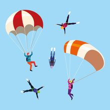 Group People Skydivers In Air