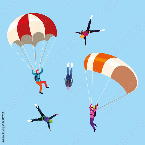 group people skydivers in air