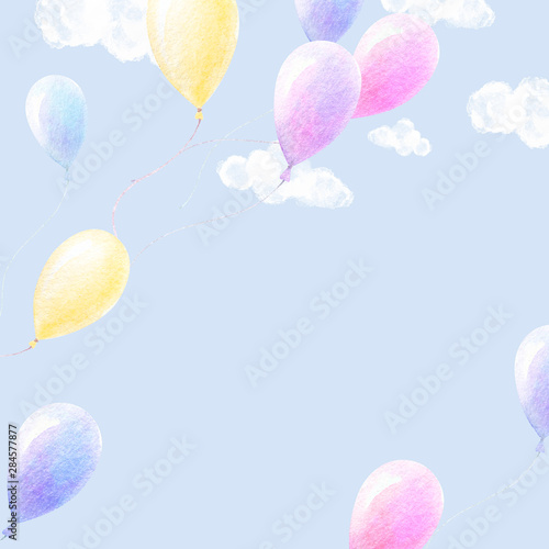 Cute Watercolor Colorful Balloons Fly In Sky White Clouds Light