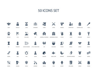 50 filled concept icons such as crown, sword, spellbook, helmet, frog, castle, rainbow,shield, dragon, sword, barrel, shield, enchanted mirror