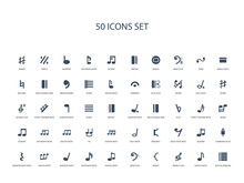 50 Filled Concept Icons Such As Dotted Barline, Eighth Note, Treble Clef, Brace, Bass Clef, Eighth Note, Sixteenth Note,quarter Note, Eighth Quarter Rest, Charging Plug, Quaver, Eight Rest