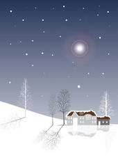 Wall Mural - Vector night winter landscape with mountains,snow falling and winter tree and house in flat style