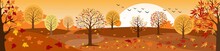 Panoramic Of Countryside Landscape In Autumn, Vector Illustration Of Horizontal Banner Of Autumn Landscape Mountains And Maple Trees Fallen With Yellow Foliage,Panorama Autumn View In Evening With Sun