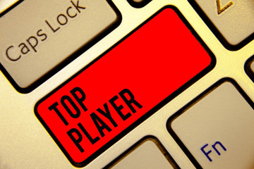 Conceptual hand writing showing Top Player. Business photo text being best in sports game like football or electronic ones Keyboard red key create computer computing reflection document