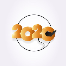 Vector Modern Flat 2020 New Year Greeting Banner Template. Gold Gradient Text With Black Rat Silhouette In Circle Frame On White. Design Illustration For Calendar, Holiday Card, Party Poster, Xmas