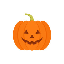 Halloween Pumpkin Icon. Vector. Autumn Symbol. Flat Design. Halloween Scary Pumpkin With Smile, Happy Face. Orange Squash Silhouette Isolated On White Background. Cartoon Colorful Illustration.