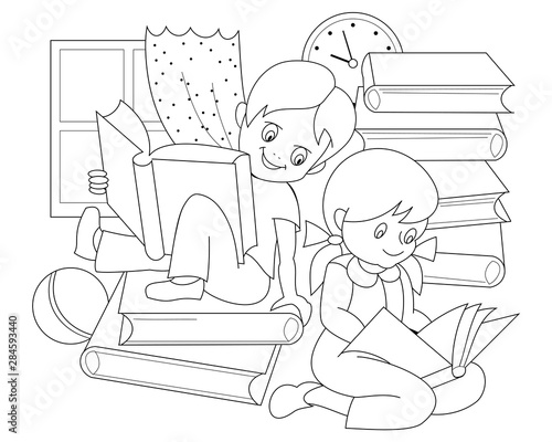 Download Black And White Page For Baby Coloring Book Drawing Of Little Boy And Girl Reading The Books And Fairy Tales Printable Template For Kids Worksheet For Children Textbook Hand Drawn Vector Image Stock