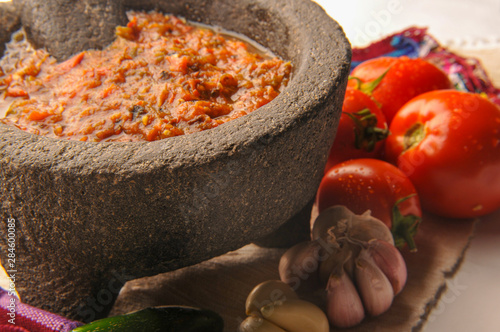 Cuadros en Lienzo Mexican salsa with tomato and garlic chili made in molcajete