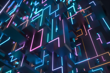 Wall Mural - Colorful cyber space with crossed glowing lines, 3d rendering.