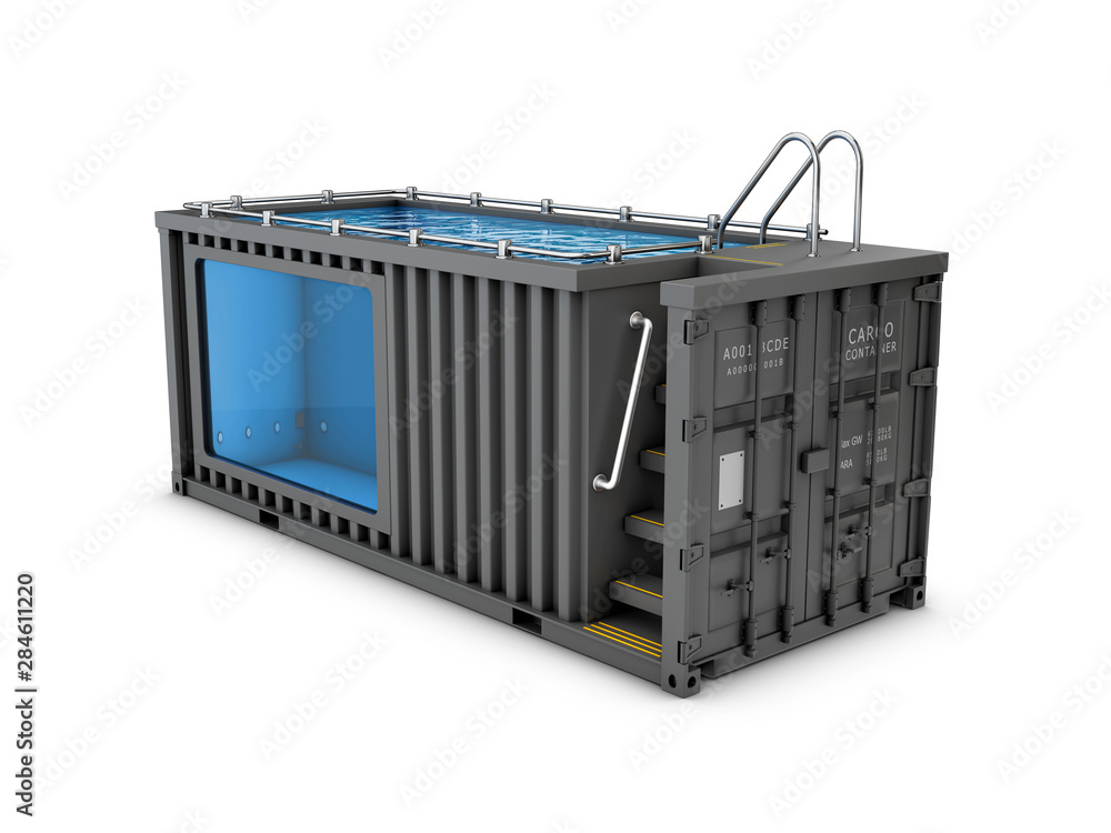 Converted old shipping container into swimming pool, isolated white 3d Illustration - obrazy, fototapety, plakaty 