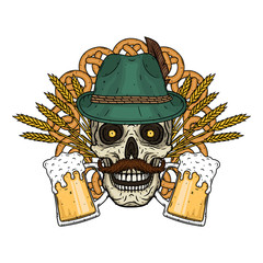 Wall Mural - Illustration for oktoberfest. Skull in Tyrolean hat, with ears of wheat and glass of beer.