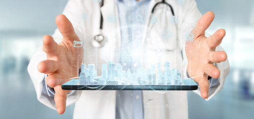 Doctor holding Smart city user interface with icon, stats and data 3d rendering