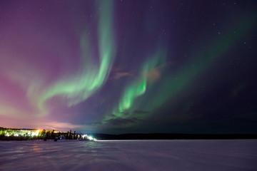 northern shine night sky, bright lights visible on horizon in forest