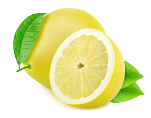 Wall Mural - Whole and halved pomelos isolated on white background.